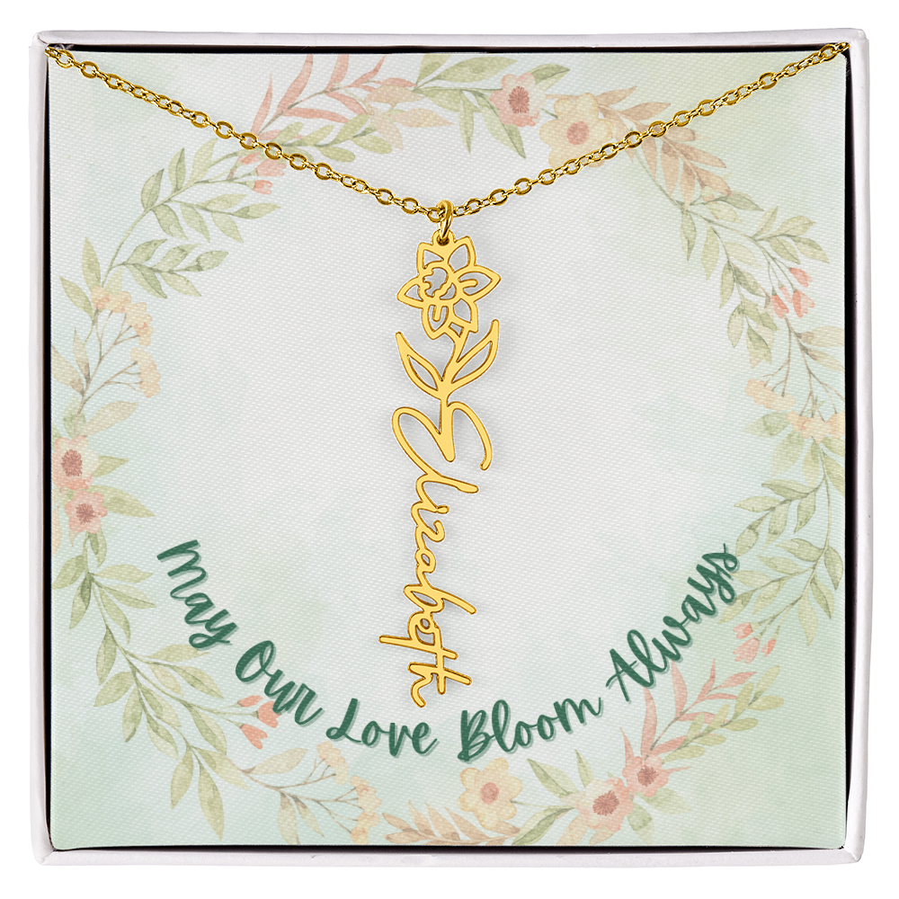 Delicate Birth Flower Necklace with Custom Name Engraving - Gift for Any Occasion, Elegant and Dainty Stainless Steel and 18K Yellow Gold