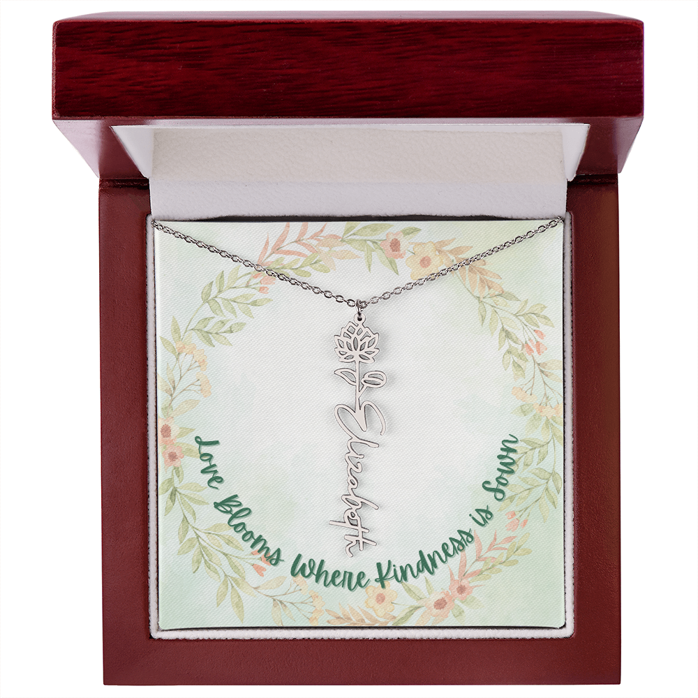Delicate Birth Flower Necklace with Custom Name Engraving - Gift for Any Occasion, Elegant and Dainty Stainless Steel and 18K Yellow Gold