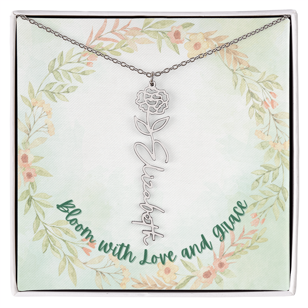 Delicate Birth Flower Necklace with Custom Name Engraving - Gift for Any Occasion, Elegant and Dainty Stainless Steel and 18K Yellow Gold