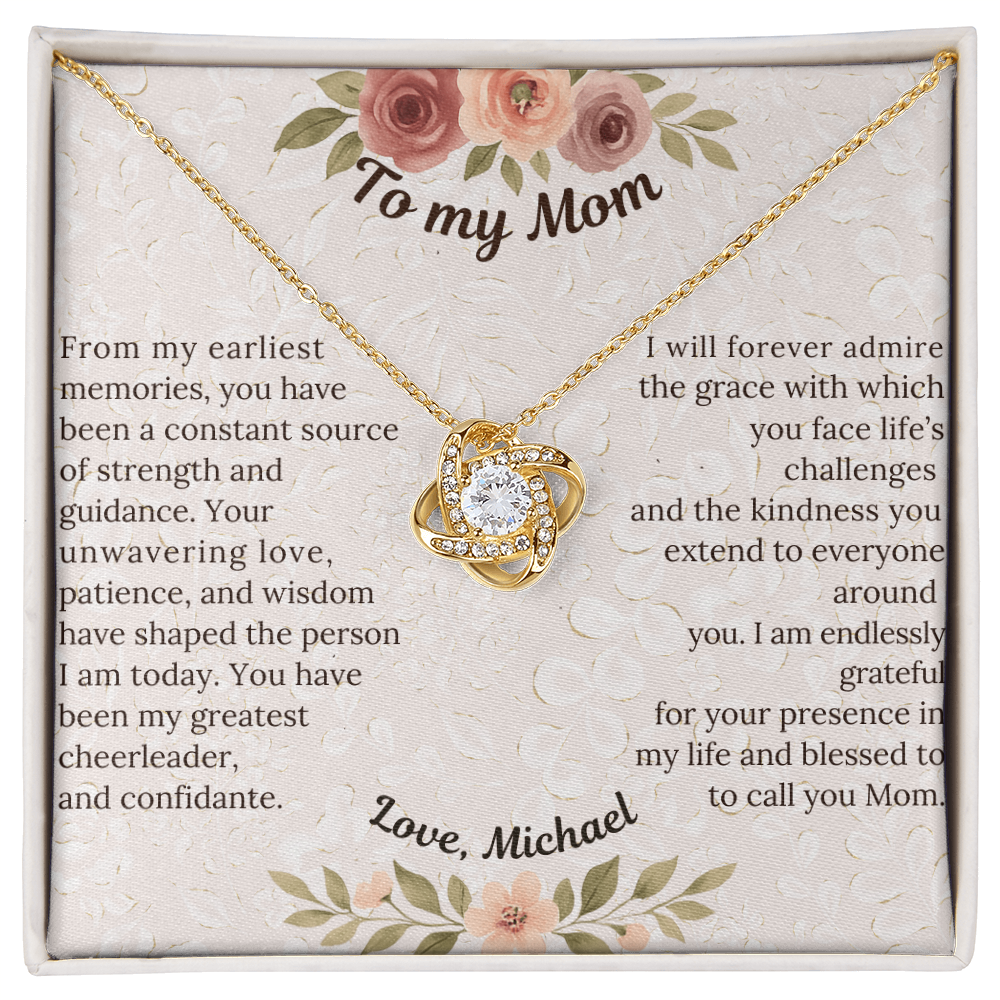 Love Knot Necklace - Sentimental gift for Mom, Grandmother or Maternal figure with preset or custom message; 14 K white gold over stainless steel or 18K yellow gold; perfect Mother's Day, birthday or any time gift