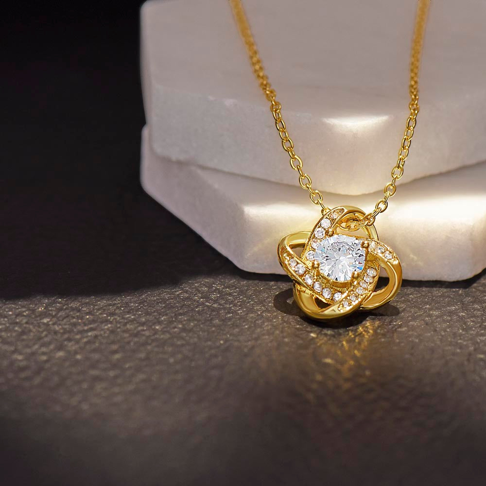 Love Knot Necklace - Sentimental gift for Mom, Grandmother or Maternal figure with preset or custom message; 14 K white gold over stainless steel or 18K yellow gold; perfect Mother's Day, birthday or any time gift