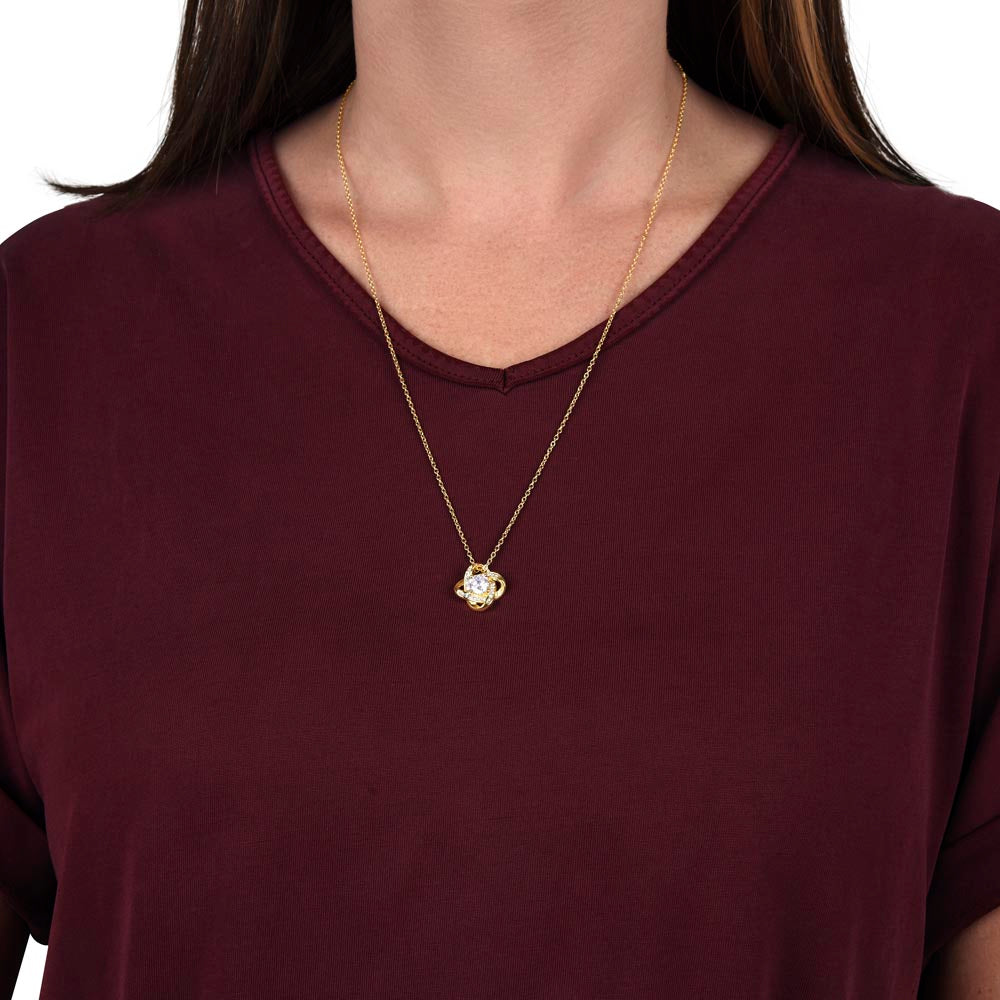 Love Knot Necklace - Sentimental gift for Mom, Grandmother or Maternal figure with preset or custom message; 14 K white gold over stainless steel or 18K yellow gold; perfect Mother's Day, birthday or any time gift