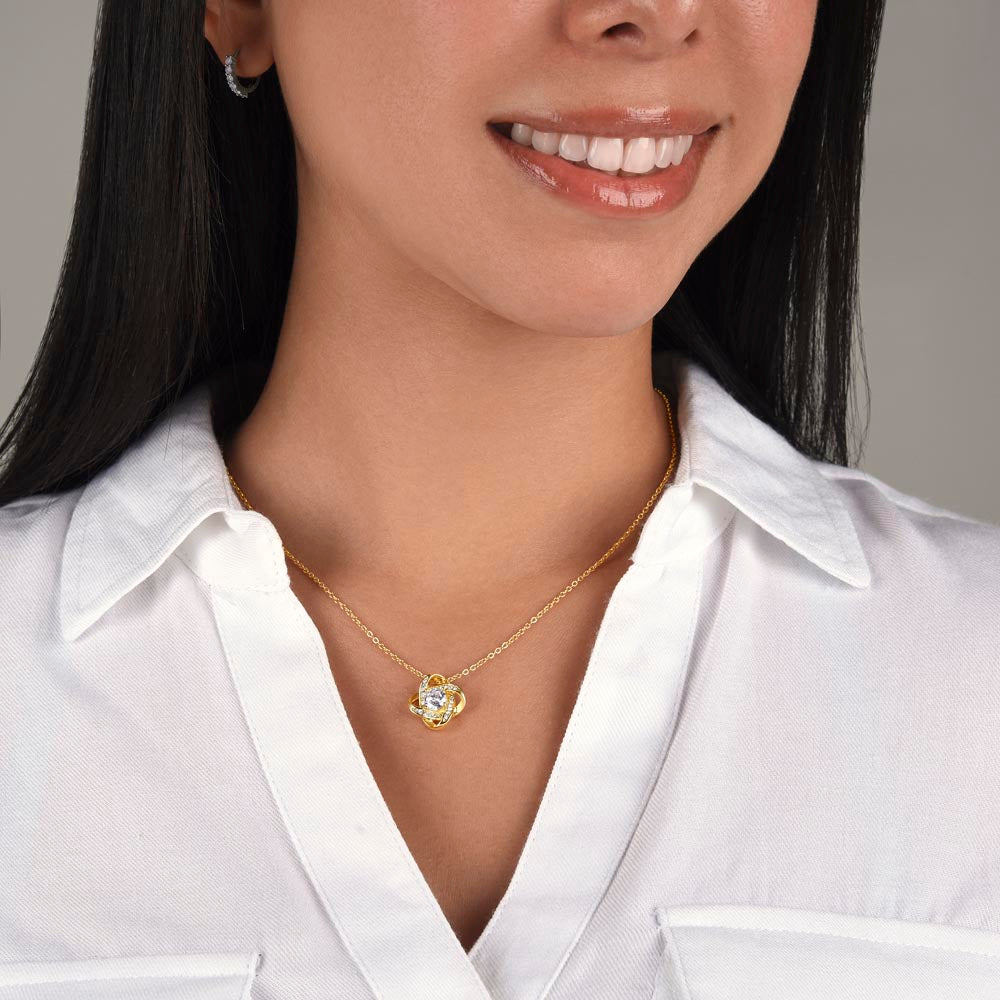 Love Knot Necklace - Sentimental gift for Mom, Grandmother or Maternal figure with preset or custom message; 14 K white gold over stainless steel or 18K yellow gold; perfect Mother's Day, birthday or any time gift