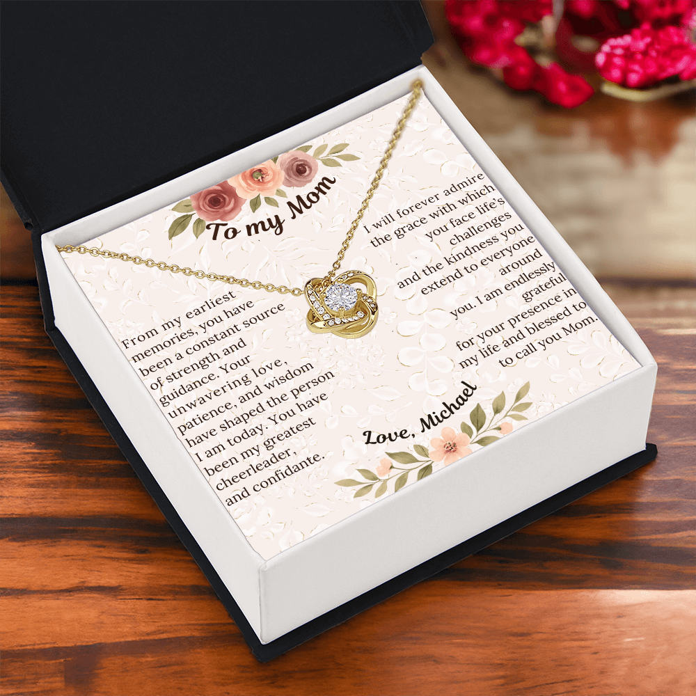 Love Knot Necklace - Sentimental gift for Mom, Grandmother or Maternal figure with preset or custom message; 14 K white gold over stainless steel or 18K yellow gold; perfect Mother's Day, birthday or any time gift