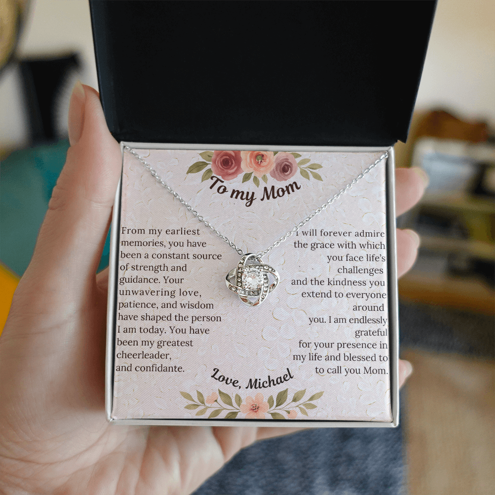 Love Knot Necklace - Sentimental gift for Mom, Grandmother or Maternal figure with preset or custom message; 14 K white gold over stainless steel or 18K yellow gold; perfect Mother's Day, birthday or any time gift