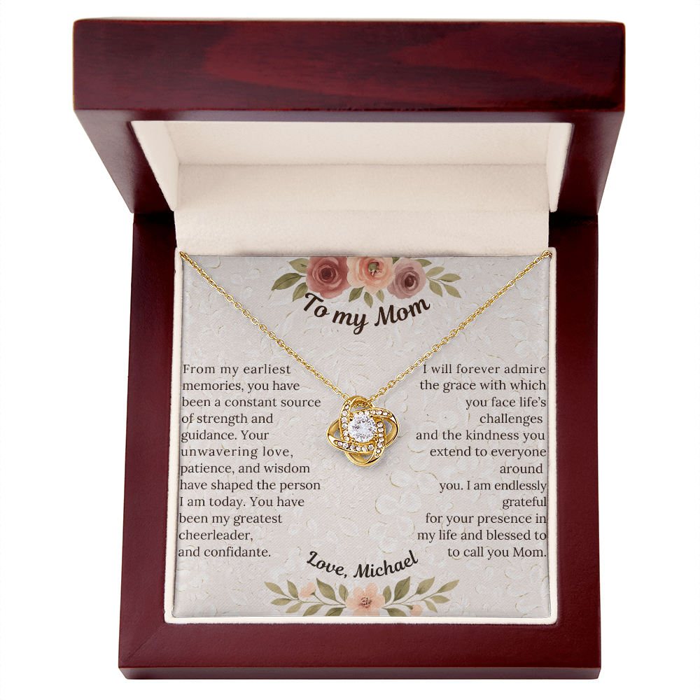 Love Knot Necklace - Sentimental gift for Mom, Grandmother or Maternal figure with preset or custom message; 14 K white gold over stainless steel or 18K yellow gold; perfect Mother's Day, birthday or any time gift