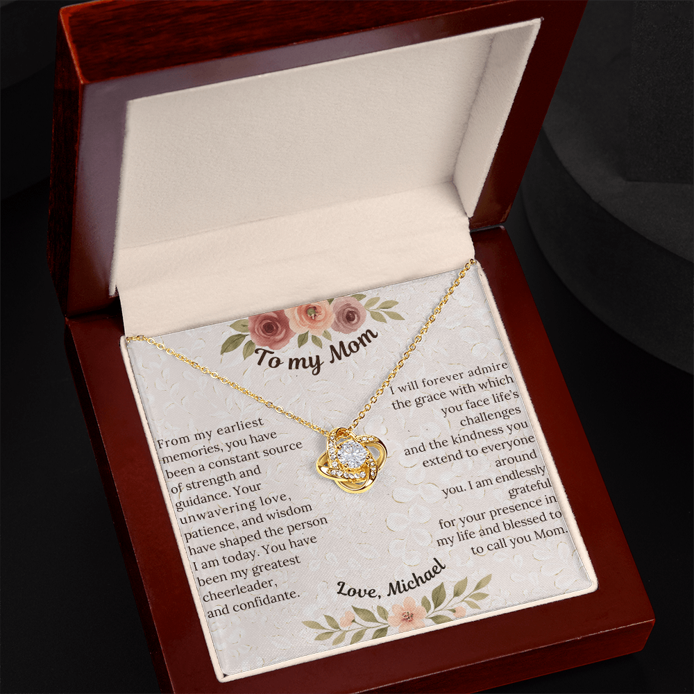 Love Knot Necklace - Sentimental gift for Mom, Grandmother or Maternal figure with preset or custom message; 14 K white gold over stainless steel or 18K yellow gold; perfect Mother's Day, birthday or any time gift