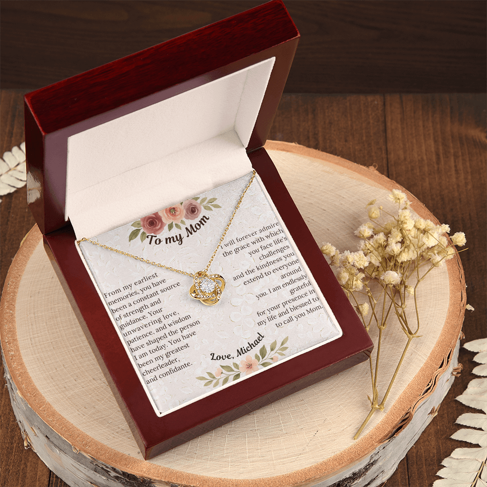 Love Knot Necklace - Sentimental gift for Mom, Grandmother or Maternal figure with preset or custom message; 14 K white gold over stainless steel or 18K yellow gold; perfect Mother's Day, birthday or any time gift