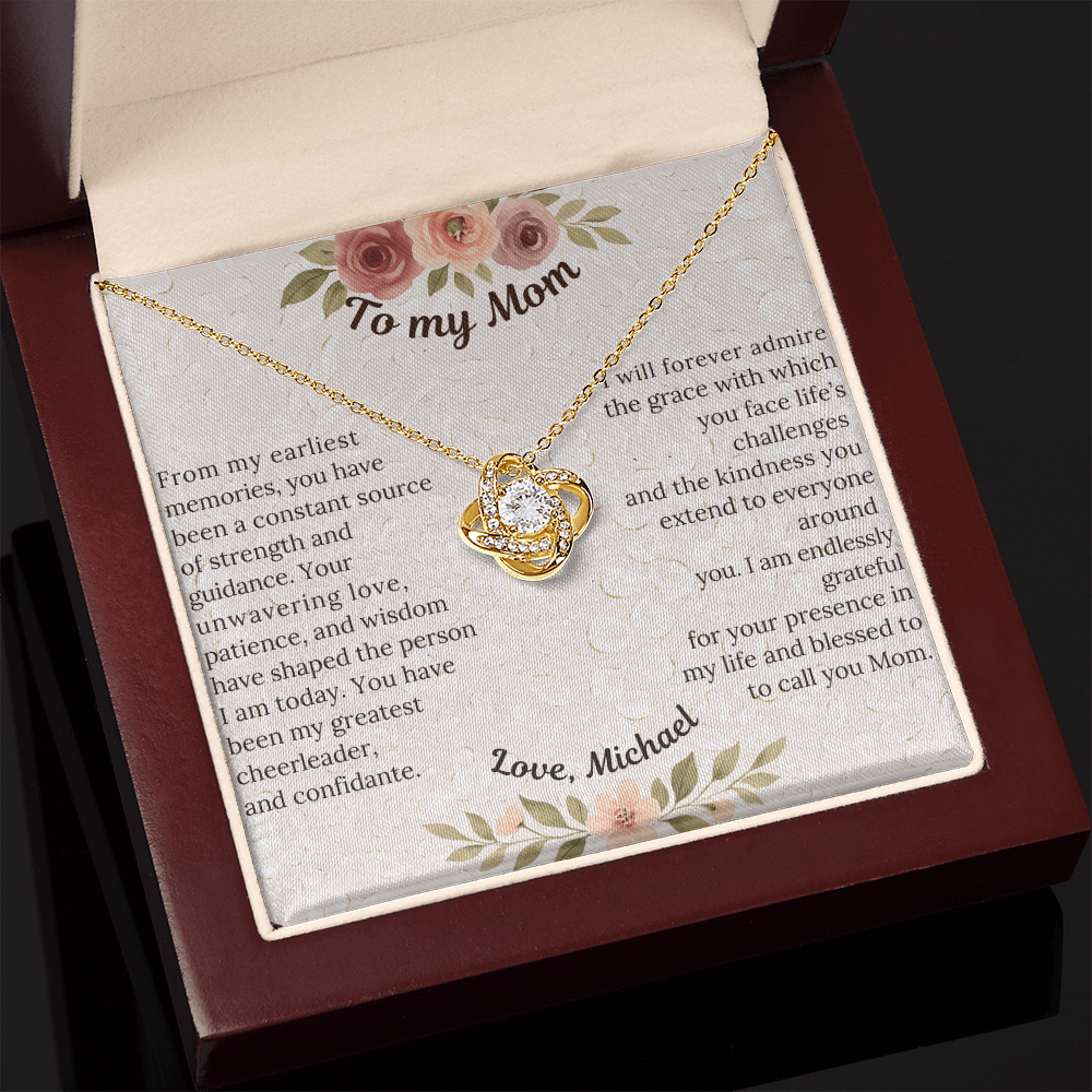 Love Knot Necklace - Sentimental gift for Mom, Grandmother or Maternal figure with preset or custom message; 14 K white gold over stainless steel or 18K yellow gold; perfect Mother's Day, birthday or any time gift