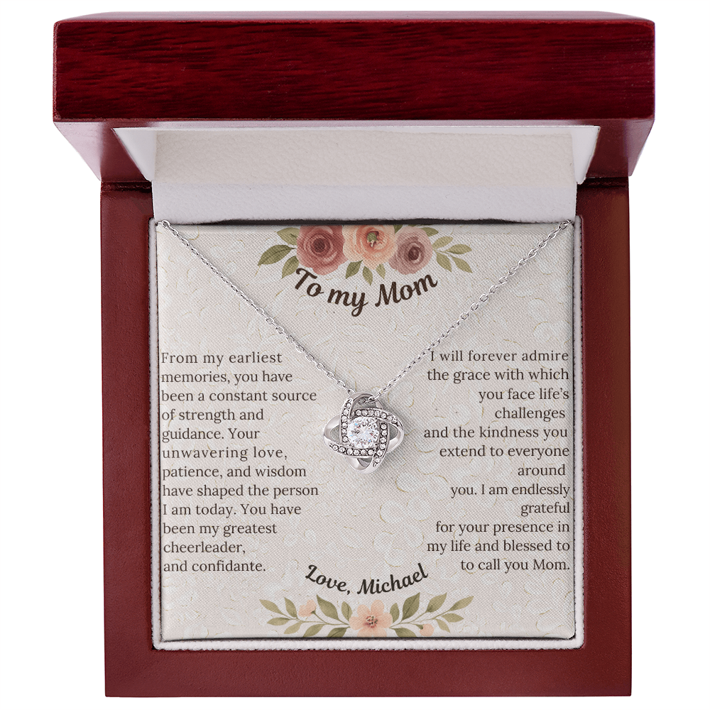 Love Knot Necklace - Sentimental gift for Mom, Grandmother or Maternal figure with preset or custom message; 14 K white gold over stainless steel or 18K yellow gold; perfect Mother's Day, birthday or any time gift