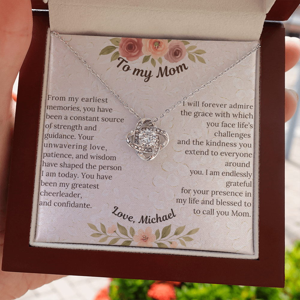 Love Knot Necklace - Sentimental gift for Mom, Grandmother or Maternal figure with preset or custom message; 14 K white gold over stainless steel or 18K yellow gold; perfect Mother's Day, birthday or any time gift