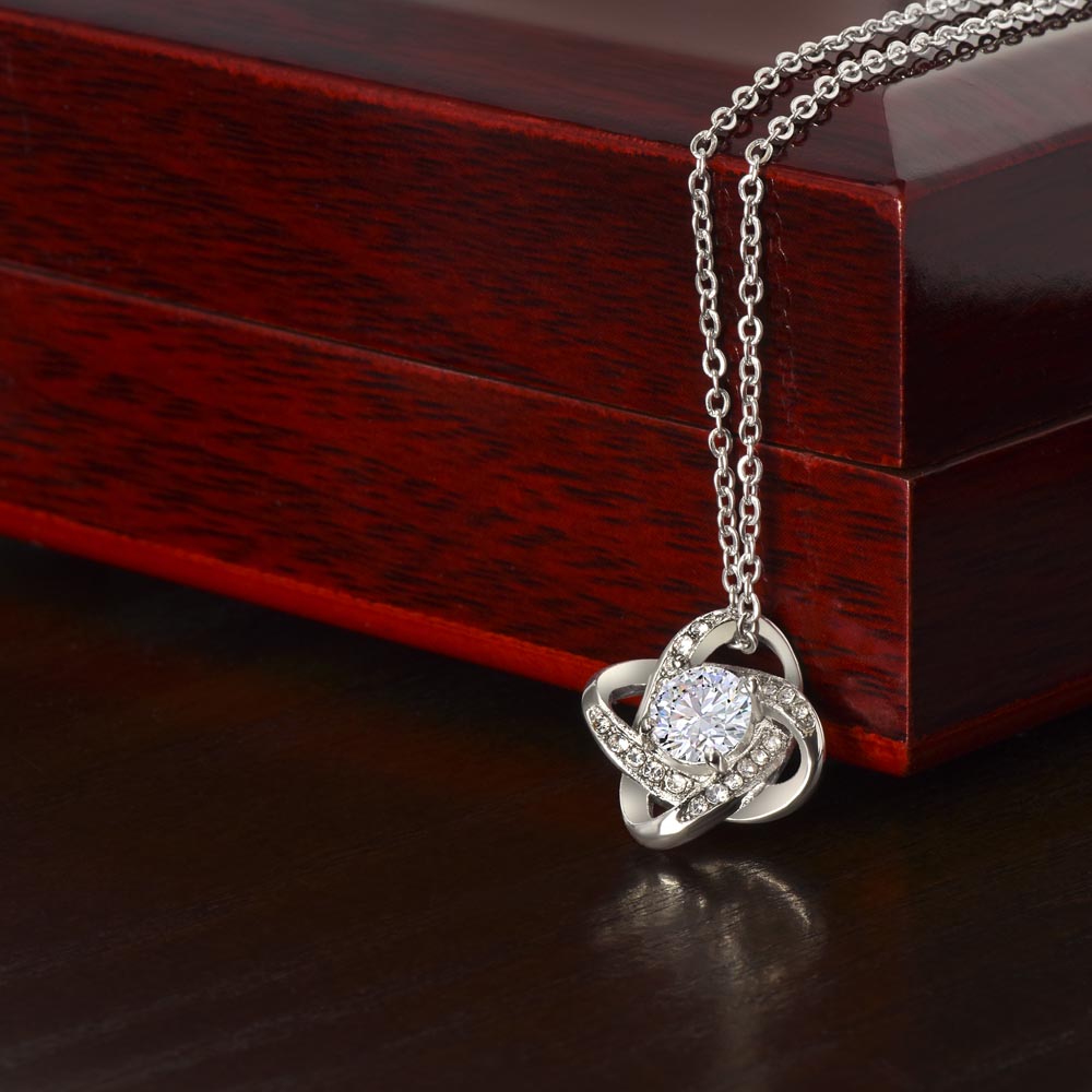 Love Knot Necklace - Sentimental gift for Mom, Grandmother or Maternal figure with preset or custom message; 14 K white gold over stainless steel or 18K yellow gold; perfect Mother's Day, birthday or any time gift
