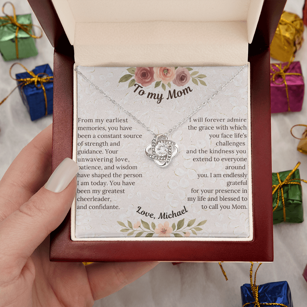 Love Knot Necklace - Sentimental gift for Mom, Grandmother or Maternal figure with preset or custom message; 14 K white gold over stainless steel or 18K yellow gold; perfect Mother's Day, birthday or any time gift