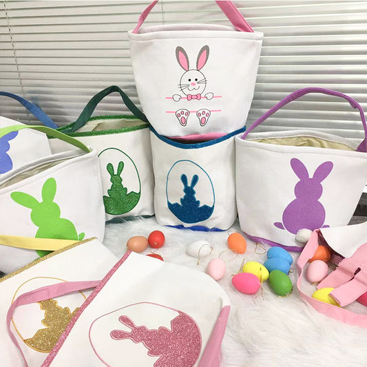 Happy Easter Burlap Bunny Ears Bags Easter Basket Canvas Bunny Buckets, Easter Tote Bags with Rabbit