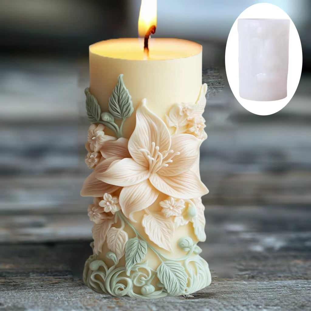 Blooming Peony Flower Relief Cylindrical Candle Silicone Mold Flower Cylinder Resin Silicone Mould Blooming Peony Gypsum Molds