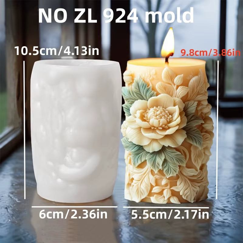 Blooming Peony Flower Relief Cylindrical Candle Silicone Mold Flower Cylinder Resin Silicone Mould Blooming Peony Gypsum Molds