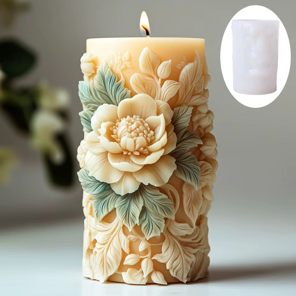 Blooming Peony Flower Relief Cylindrical Candle Silicone Mold Flower Cylinder Resin Silicone Mould Blooming Peony Gypsum Molds