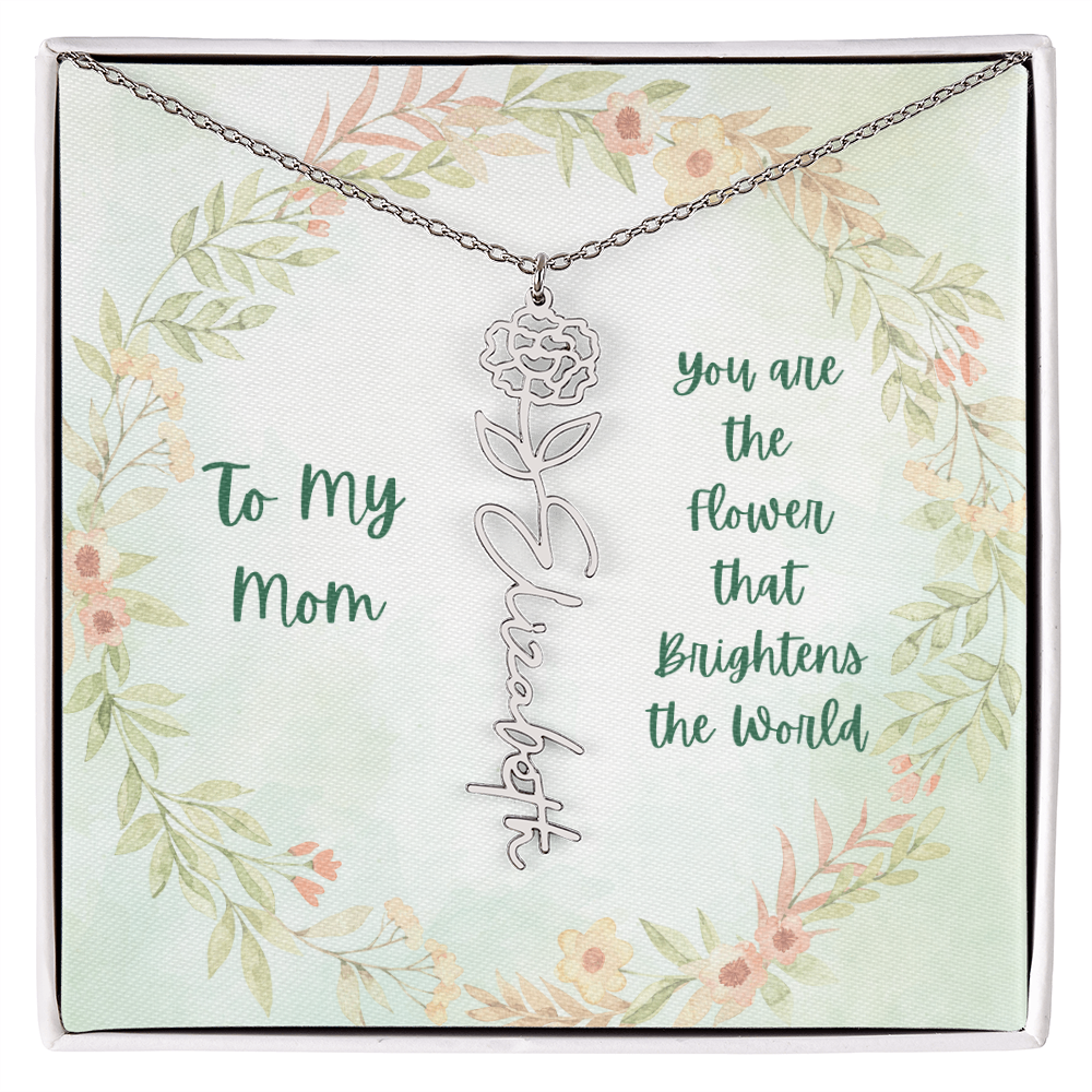 Delicate Birth Flower Necklace with Custom Name Engraving - Gift for Any Occasion, Elegant and Dainty Stainless Steel and 18K Yellow Gold