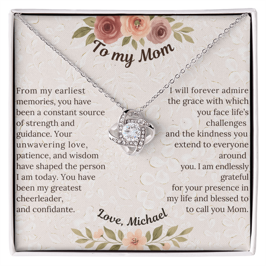 Love Knot Necklace - Sentimental gift for Mom, Grandmother or Maternal figure with preset or custom message; 14 K white gold over stainless steel or 18K yellow gold; perfect Mother's Day, birthday or any time gift
