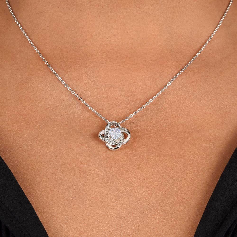 Love Knot Necklace - Sentimental gift for Mom, Grandmother or Maternal figure with preset or custom message; 14 K white gold over stainless steel or 18K yellow gold; perfect Mother's Day, birthday or any time gift