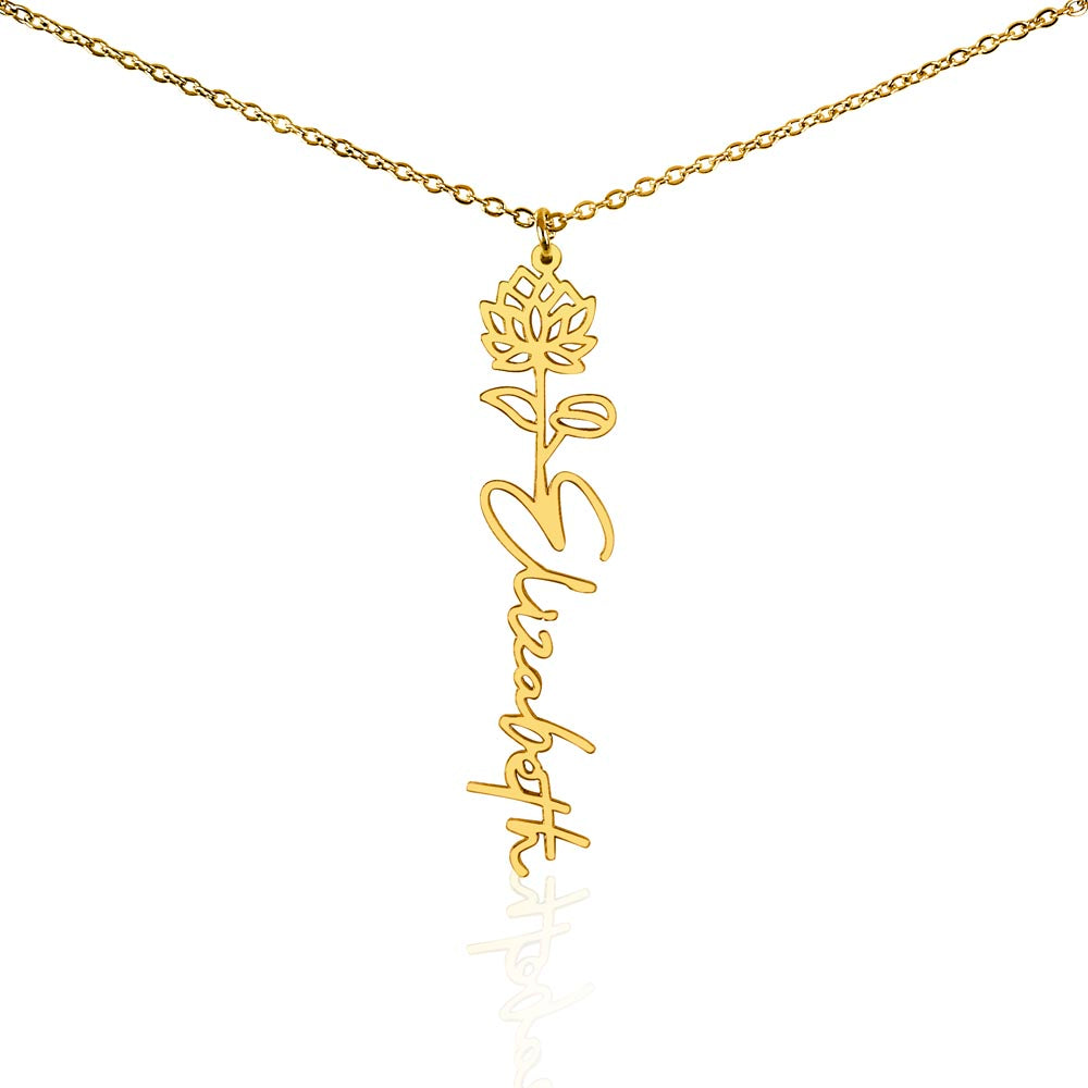 Delicate Birth Flower Necklace with Custom Name Engraving - Gift for Any Occasion, Elegant and Dainty Stainless Steel and 18K Yellow Gold