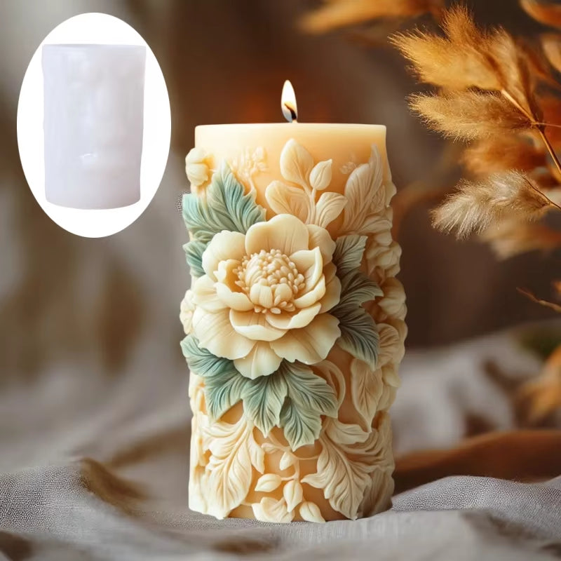 Blooming Peony Flower Relief Cylindrical Candle Silicone Mold Flower Cylinder Resin Silicone Mould Blooming Peony Gypsum Molds