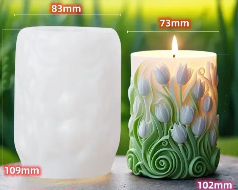 Blooming Peony Flower Relief Cylindrical Candle Silicone Mold Flower Cylinder Resin Silicone Mould Blooming Peony Gypsum Molds