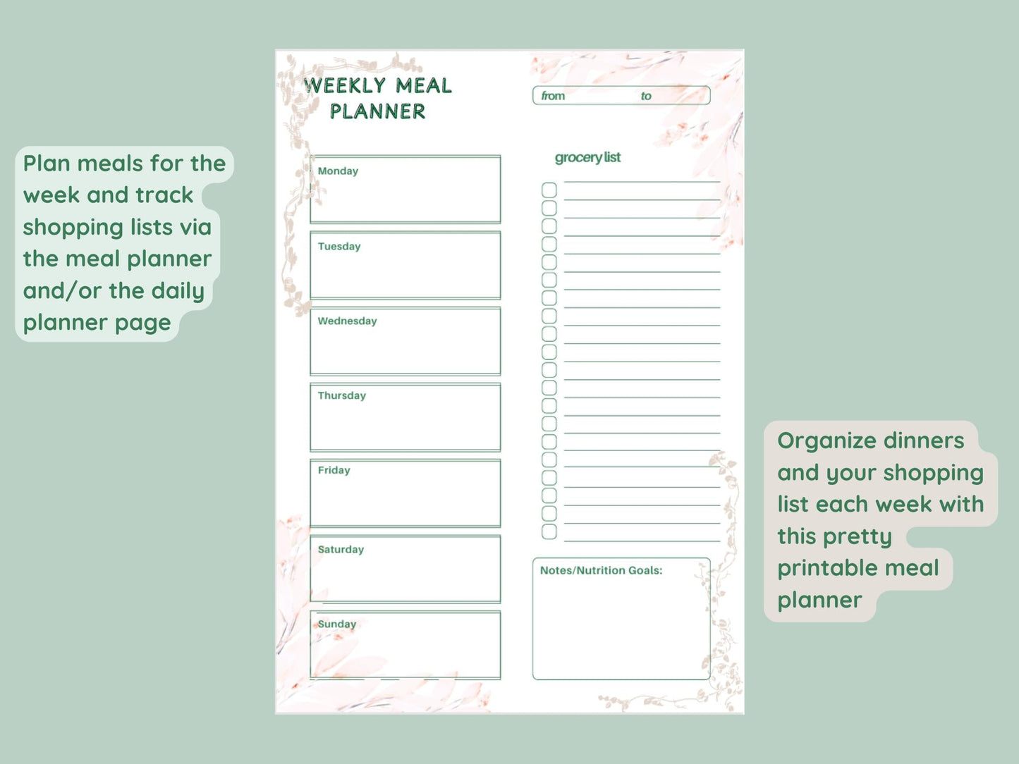 Daily Agenda, Planner, Shopping List and Weekly Meal Planner with Grocery List, To Do list Template, Digital Print for Busy Moms and Dads